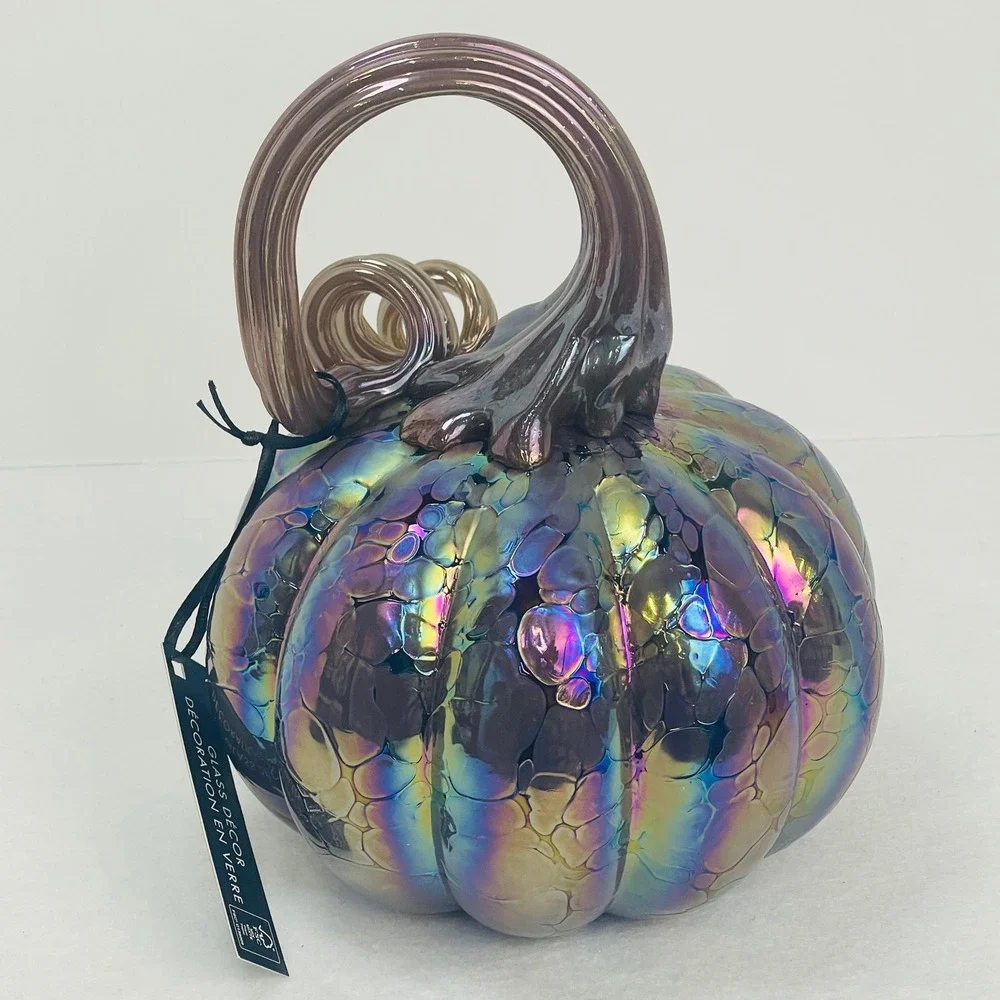 Tahari Home Iridescent Glass Pumpkin Oil Slick Rainbow Bubble Decor 7.5 Inch NEW